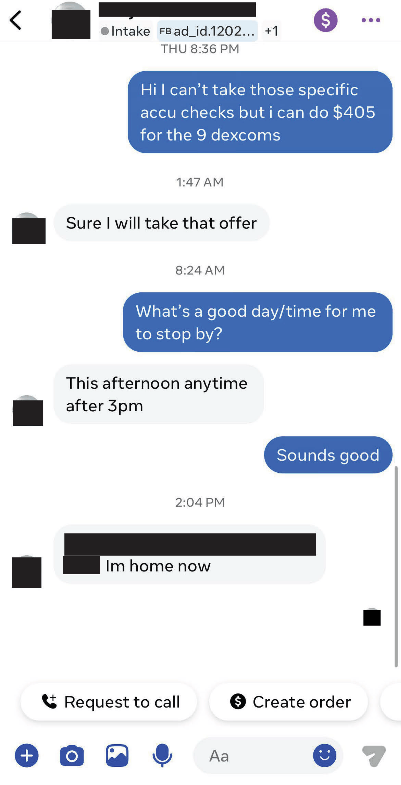 Facebook Messenger conversation with a seller offering diabetic supplies