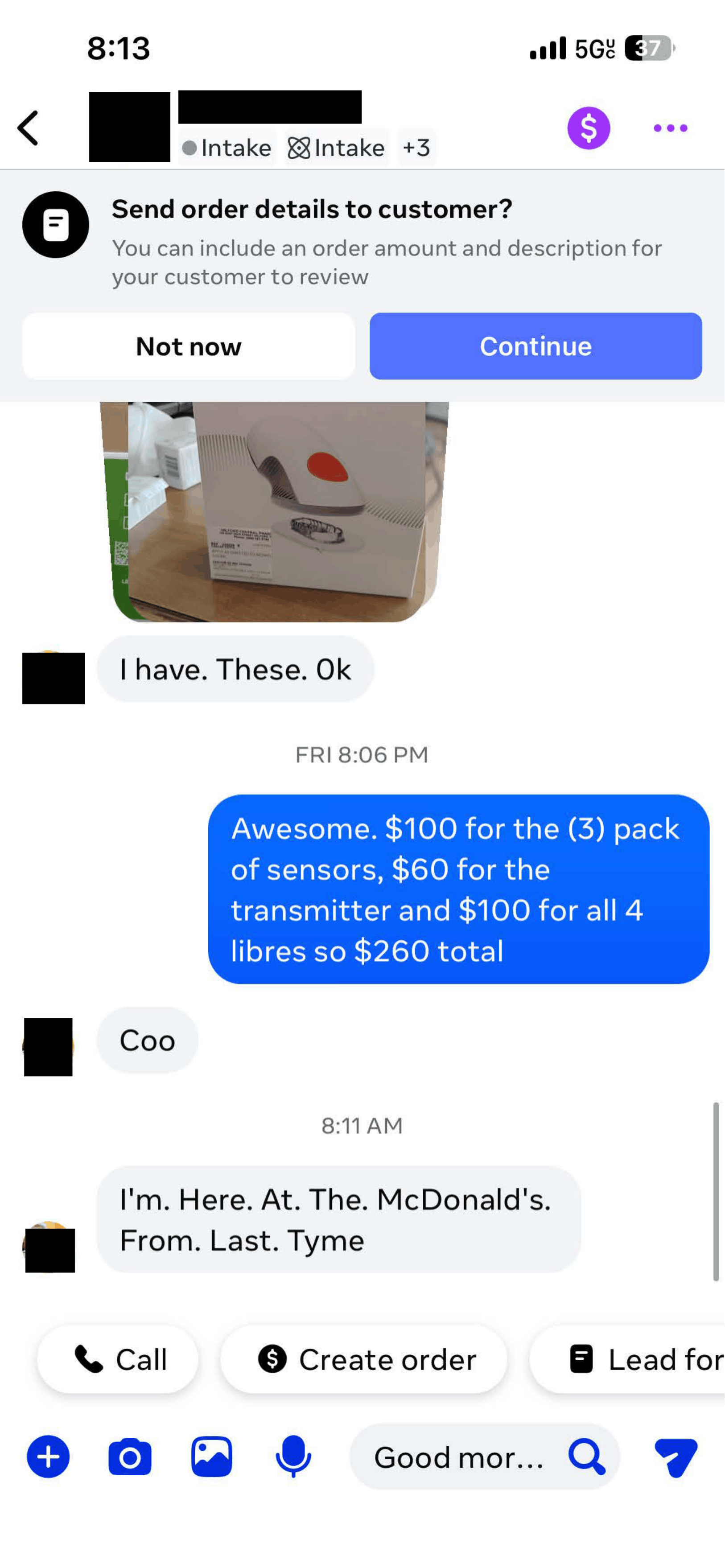 Facebook Messenger conversation with a seller offering diabetic supplies