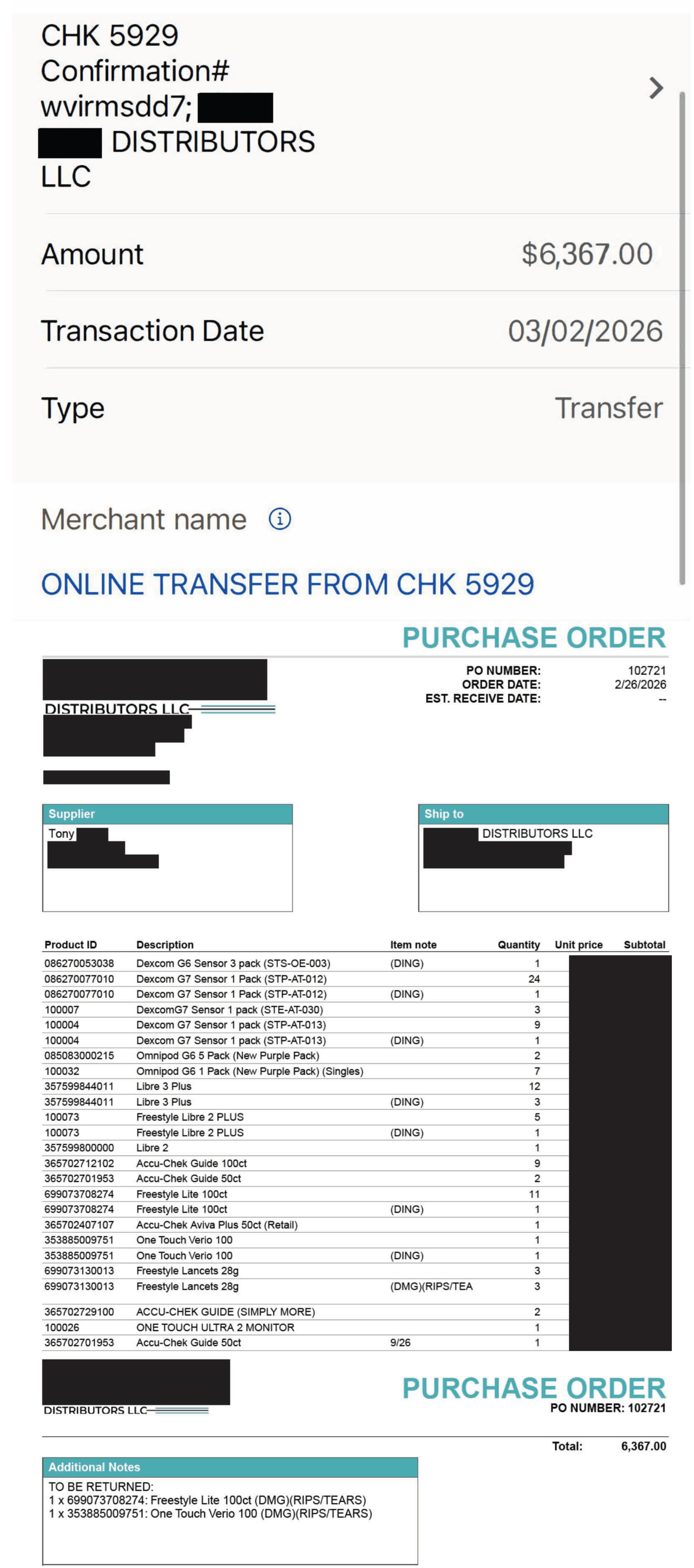 Purchase order and matching $6,367 wire transfer from Distributors LLC