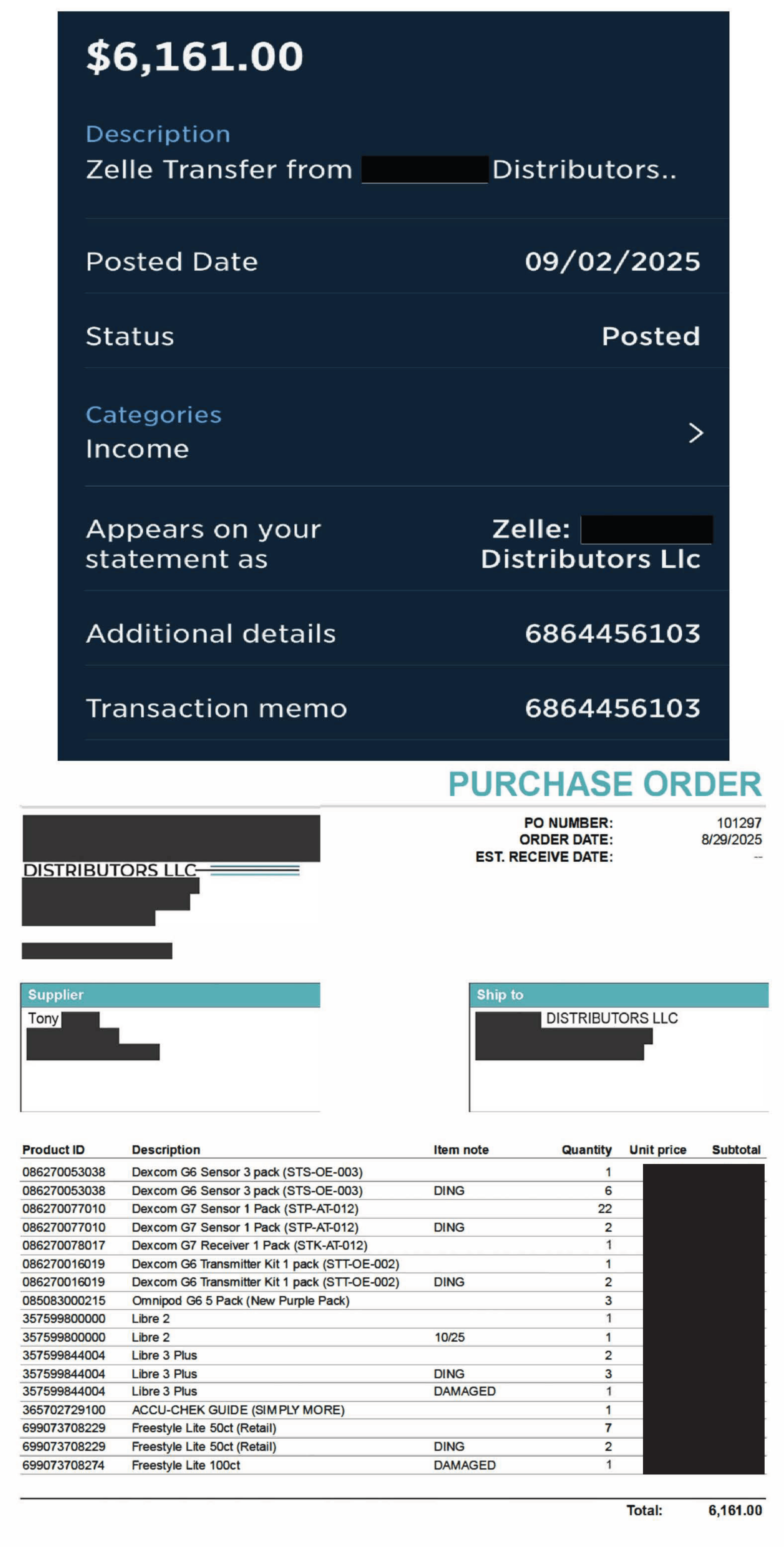 Purchase order and matching $6,161 wire transfer from Distributors LLC
