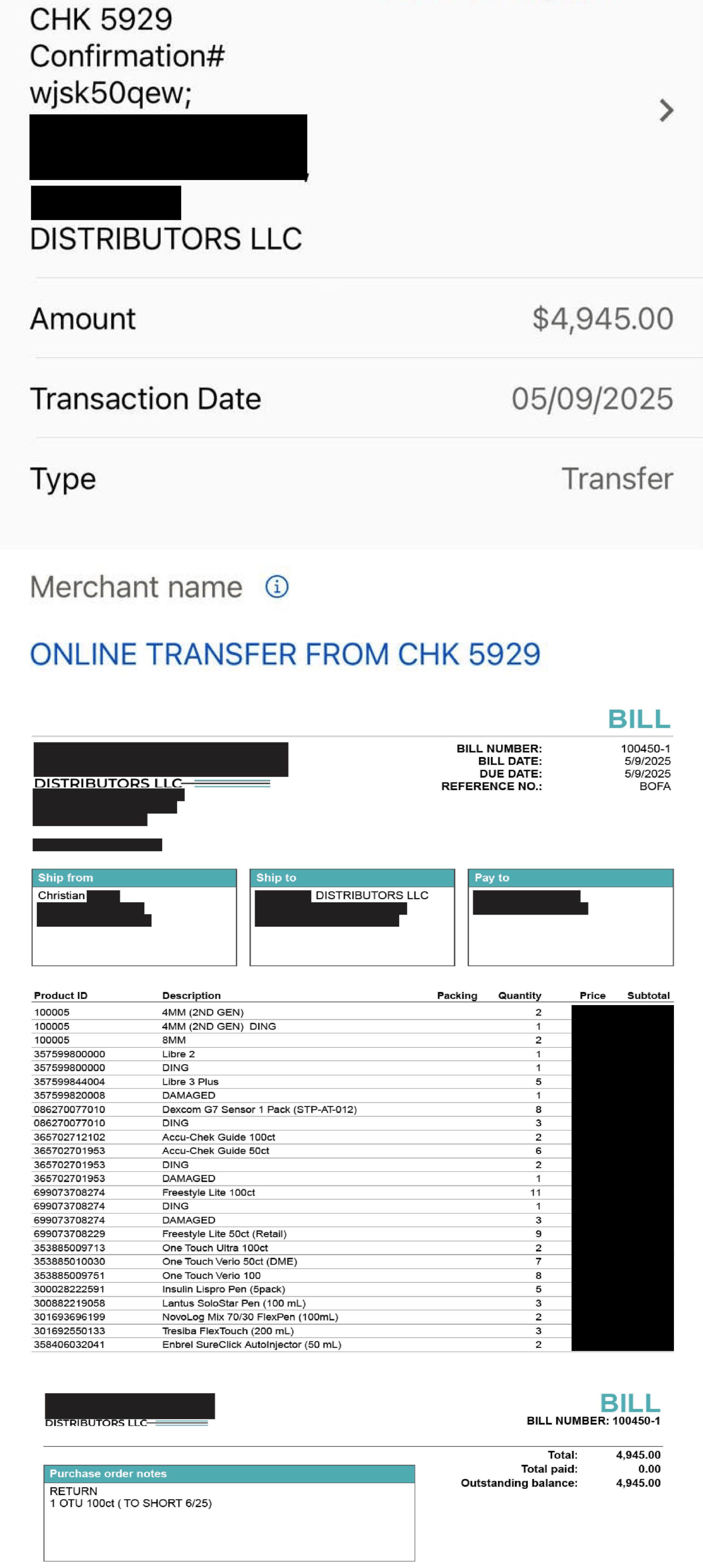Purchase order and matching $4,945 wire transfer from Distributors LLC